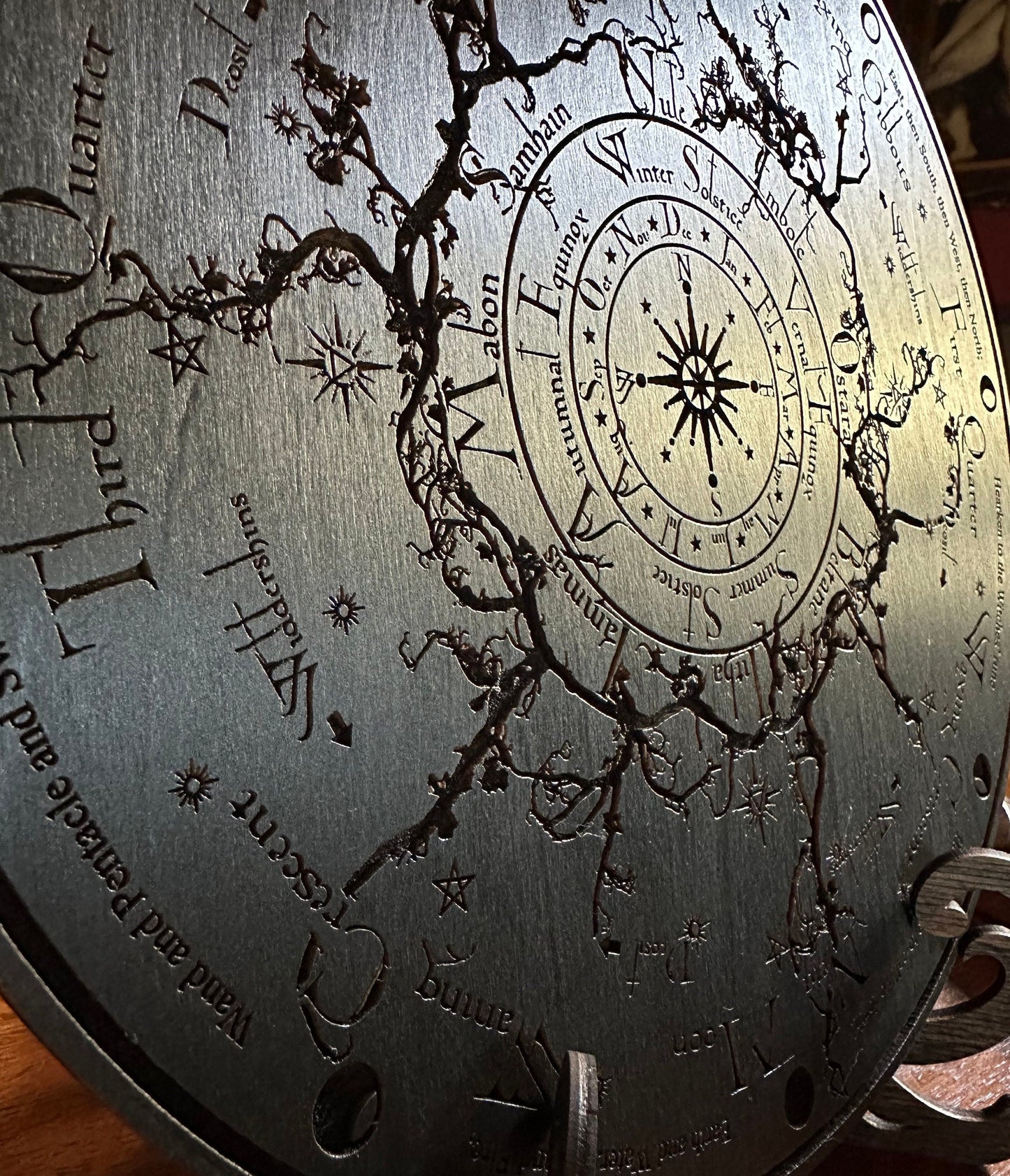 Wheel of the Year engraved and hand finished altar tile with Lunar phases and incantation (Black).