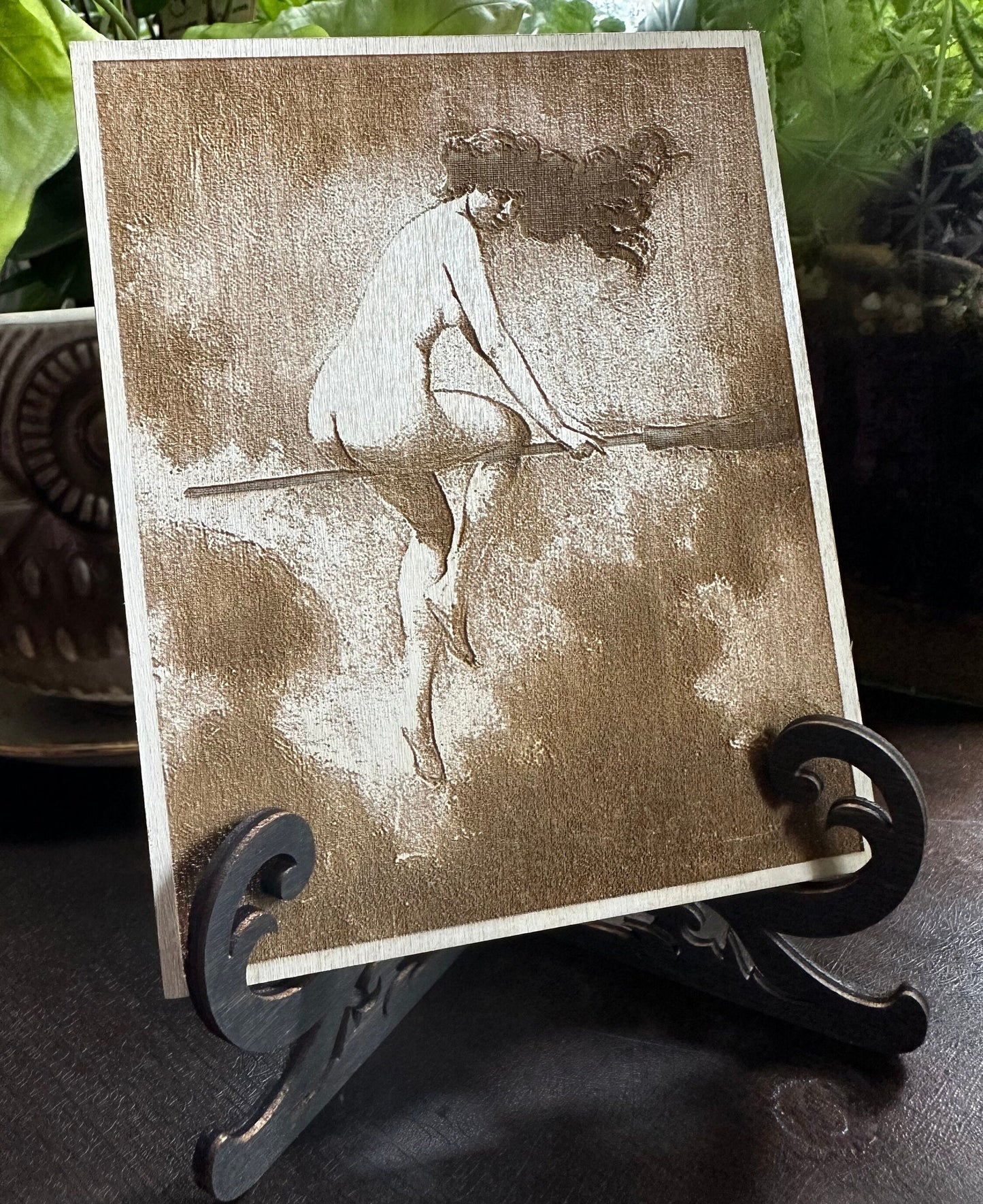 Witch on broom mini engraved plaque with mini easel.