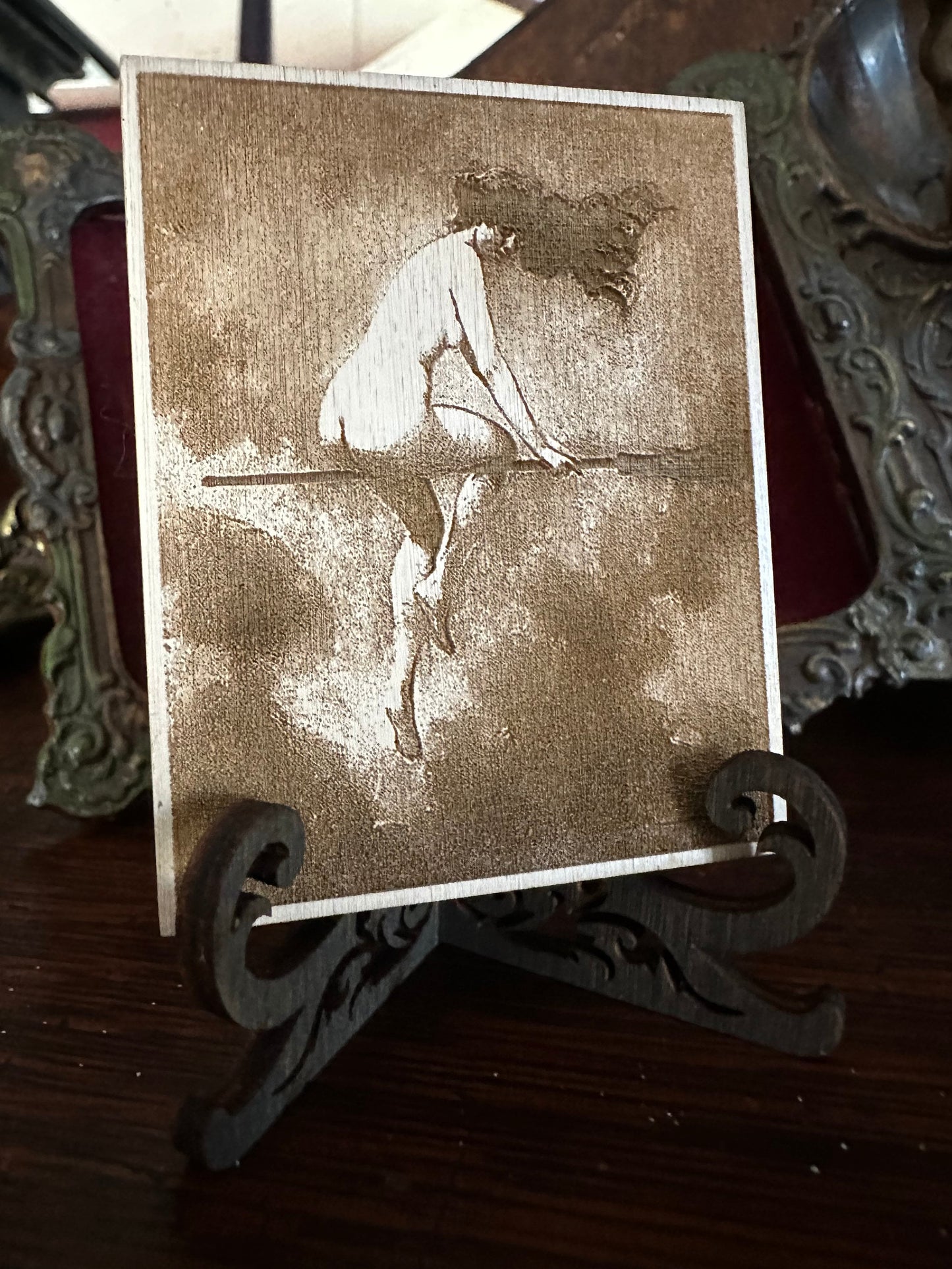 Witch on broom mini engraved plaque with mini easel.