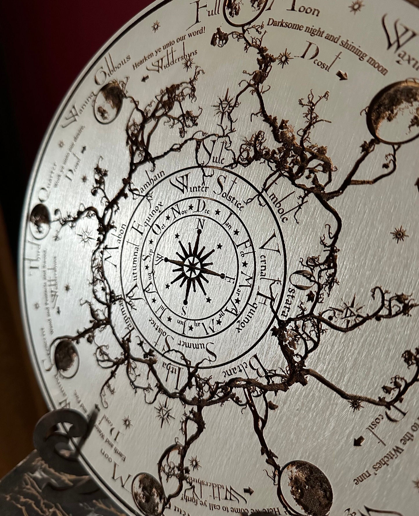 Wheel of the Year engraved and hand finished altar tile with Lunar phases and incantation (Gray).