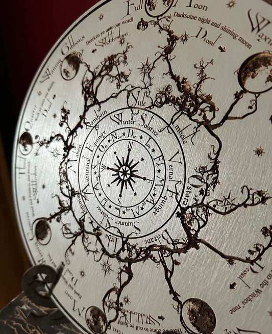 Wheel of the Year engraved and hand finished altar tile with Lunar phases and incantation (Gray).