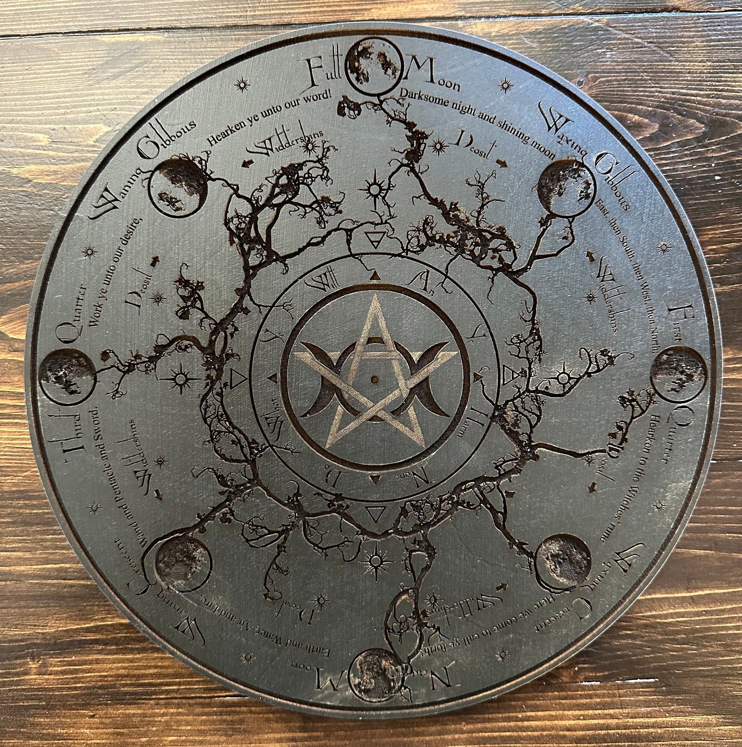 Triple Goddess engraved altar tile, hand finished with Wiccan Rede, Lunar phases and incantation (Black).