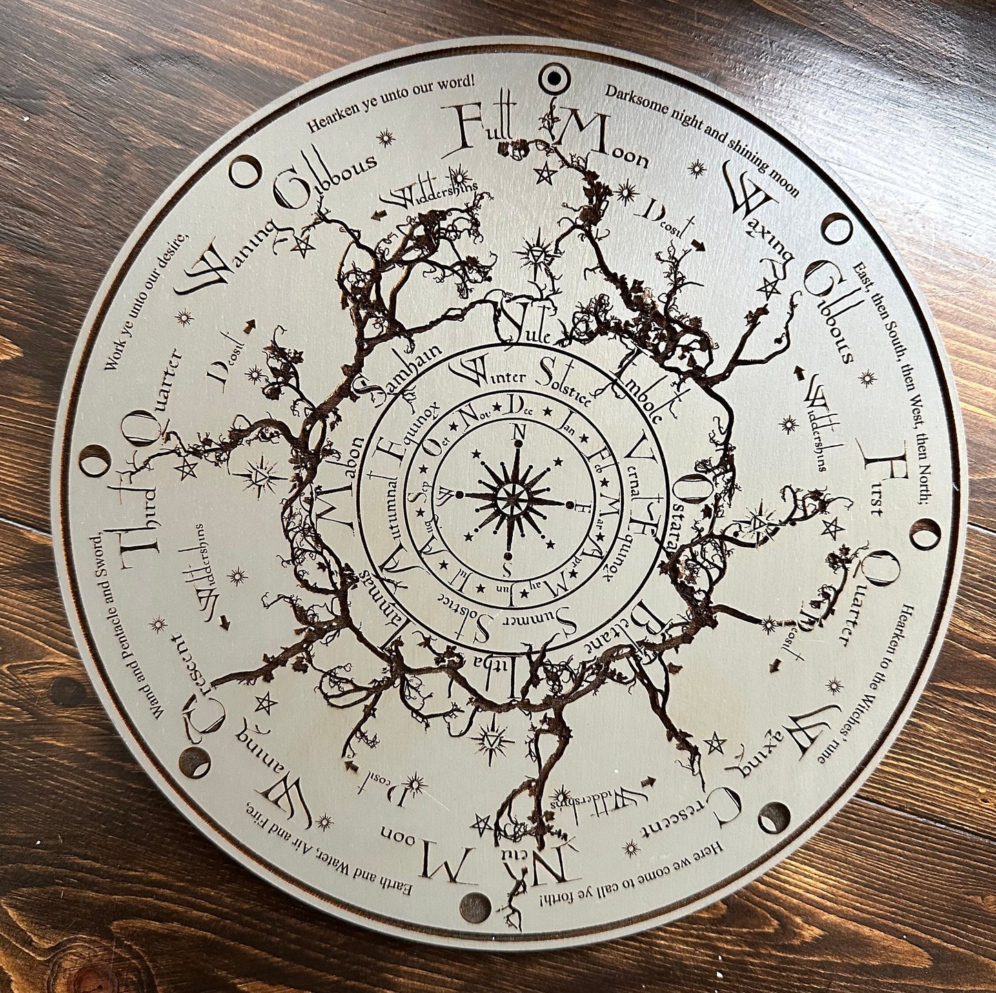 Wheel of the Year engraved and hand finished altar tile with Lunar phases and incantation (Gray).