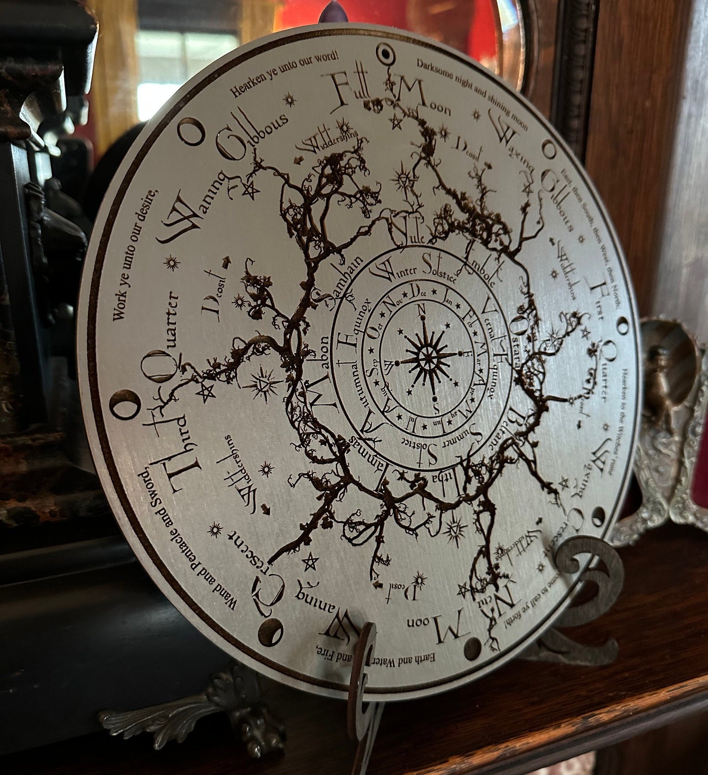 Wheel of the Year engraved and hand finished altar tile with Lunar phases and incantation (Gray).