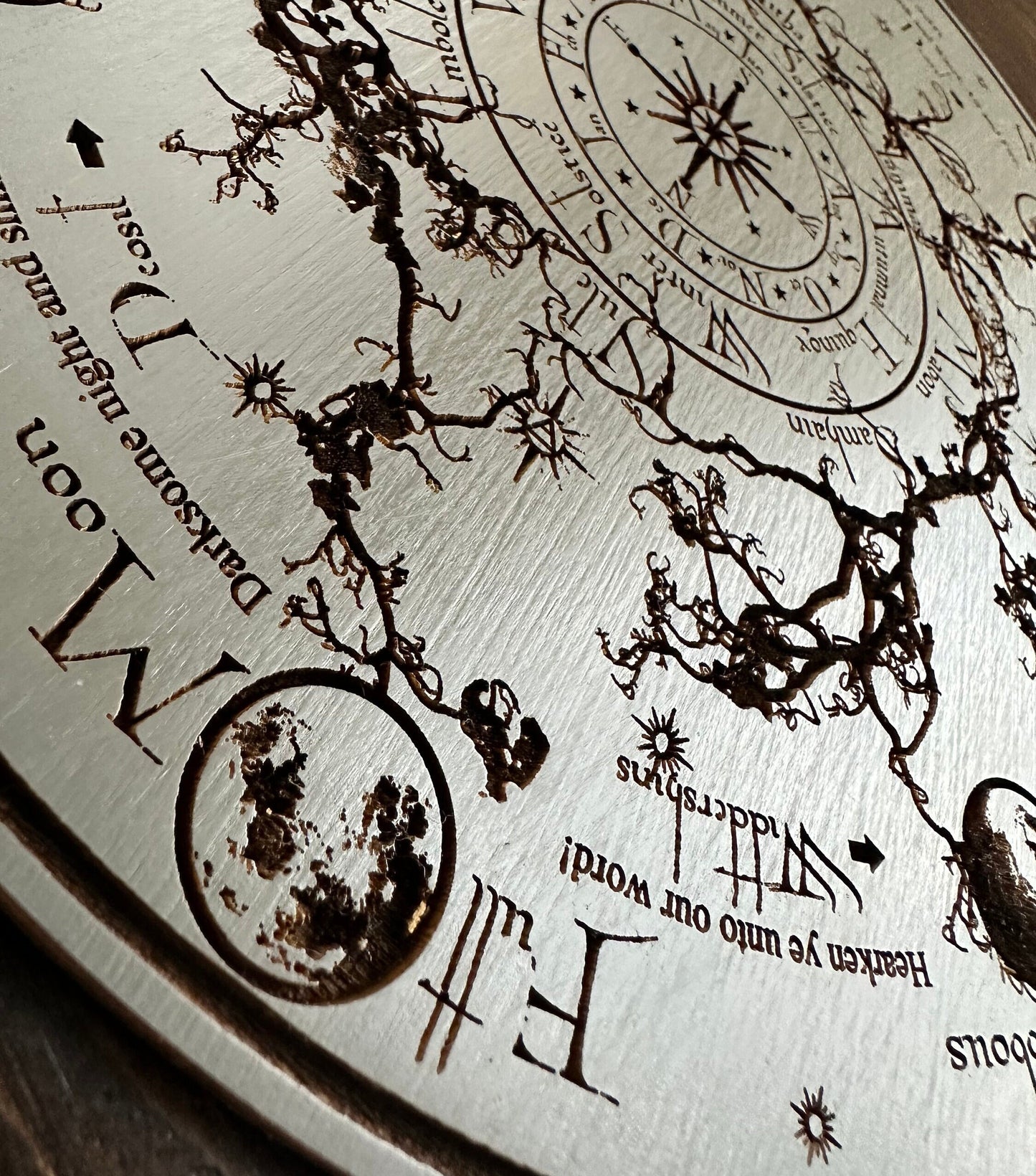 Wheel of the Year engraved and hand finished altar tile with Lunar phases and incantation (Gray).