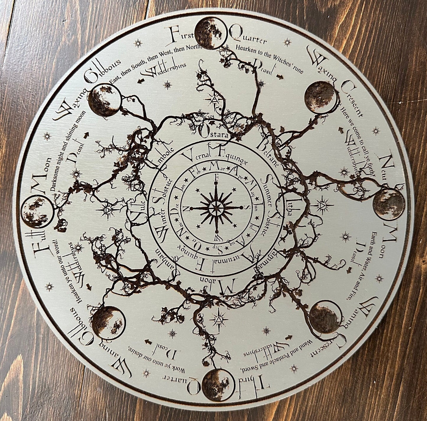 Wheel of the Year engraved and hand finished altar tile with Lunar phases and incantation (Gray).