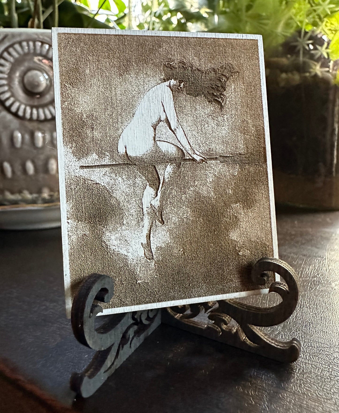 Witch on broom mini engraved plaque with mini easel.