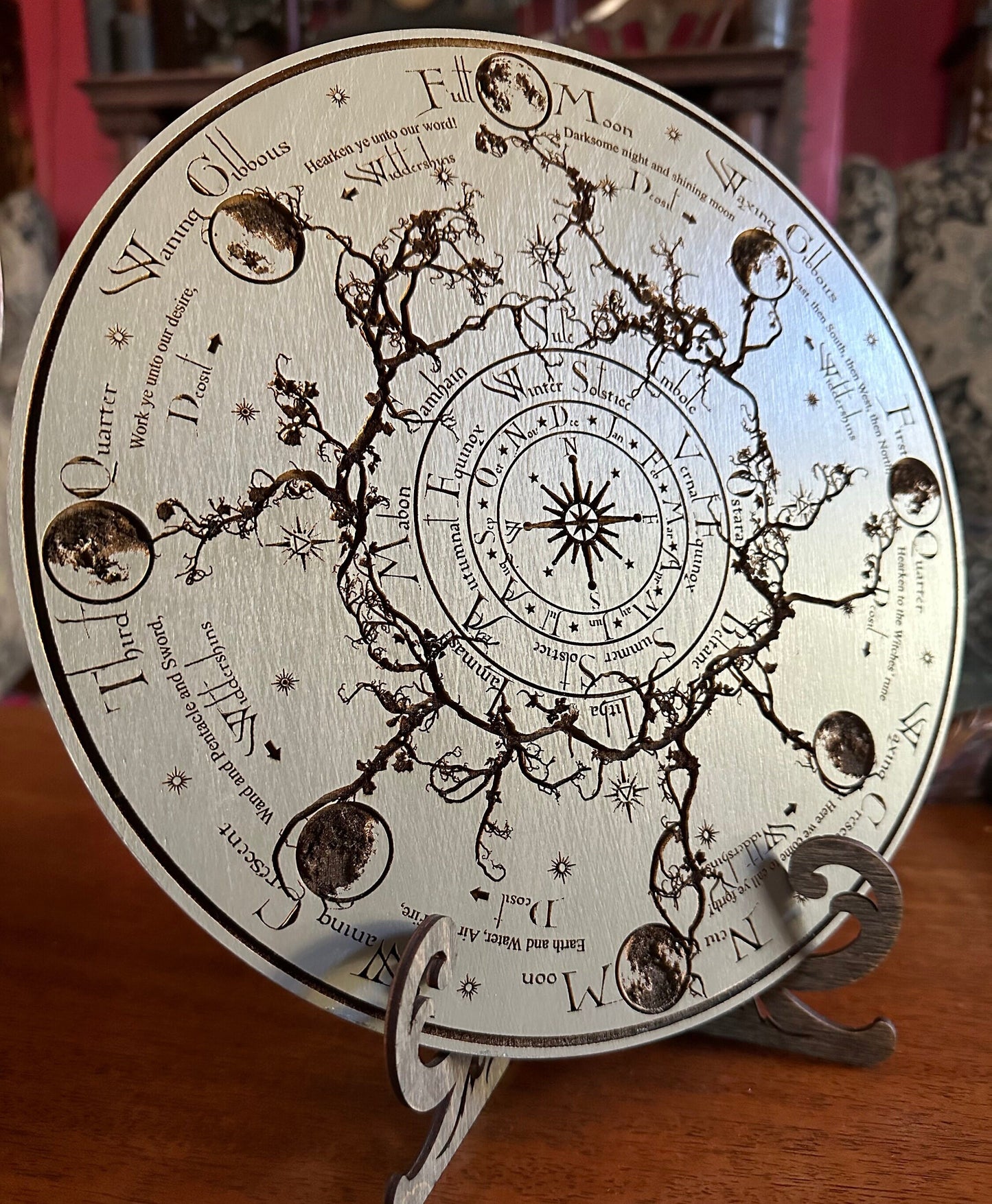 Wheel of the Year engraved and hand finished altar tile with Lunar phases and incantation (Gray).