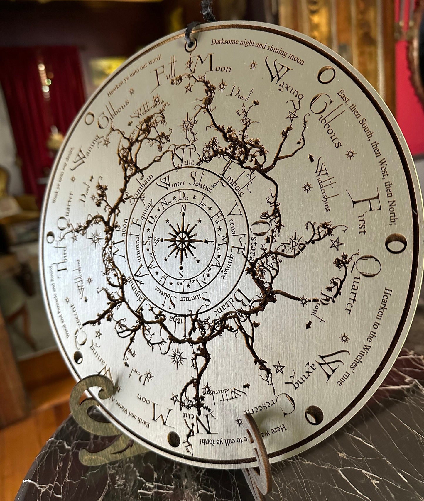 Wheel of the Year engraved and hand finished altar tile with Lunar phases and incantation (Gray).