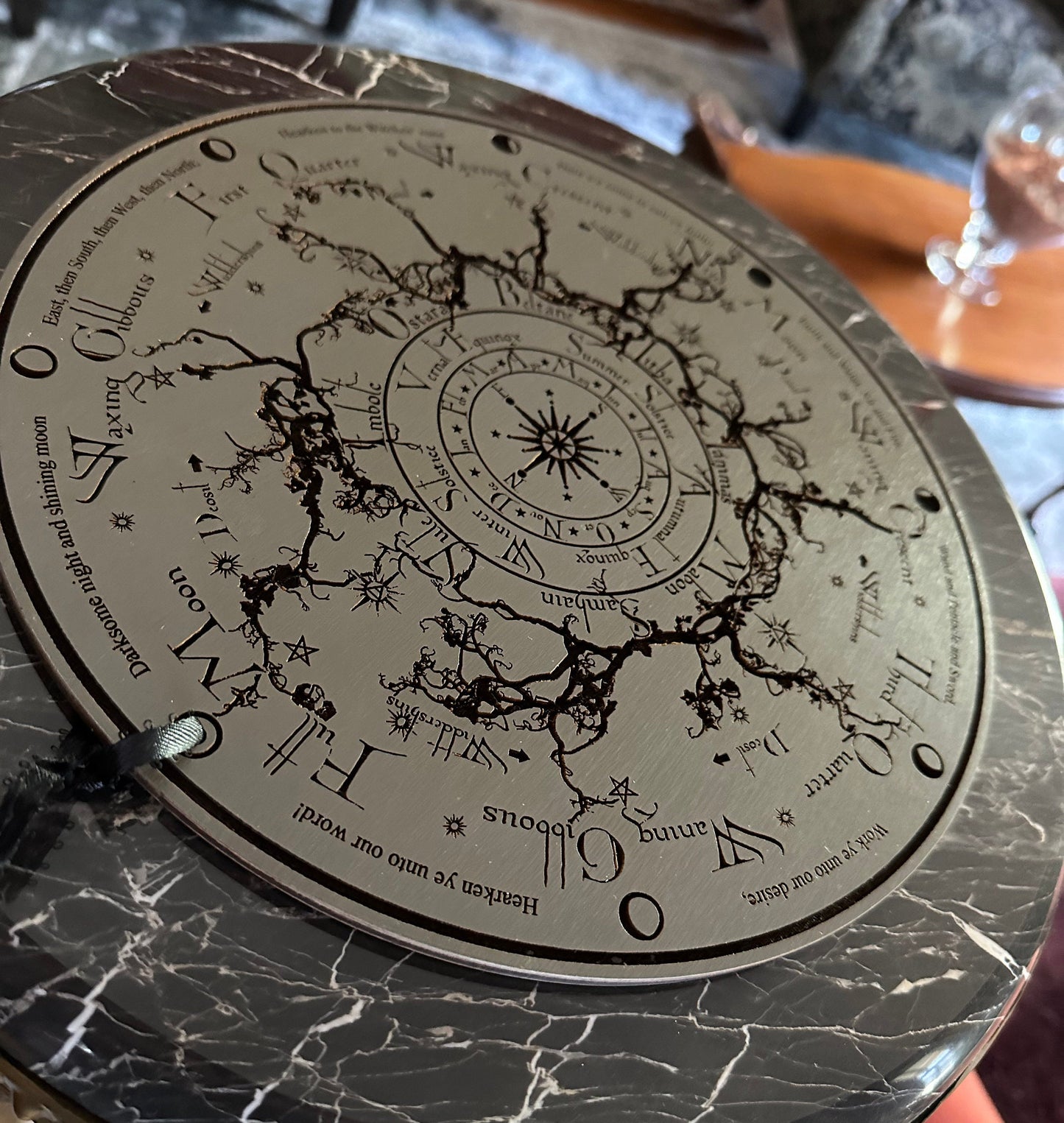 Wheel of the Year engraved and hand finished altar tile with Lunar phases and incantation (Gray).