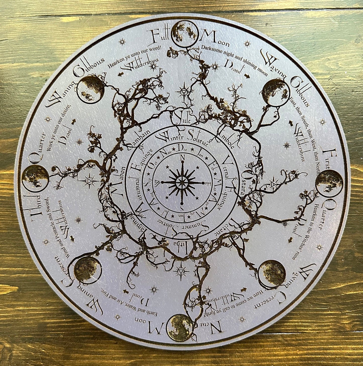 Wheel of the Year engraved and hand finished altar tile with Lunar phases and incantation (Amethyst).