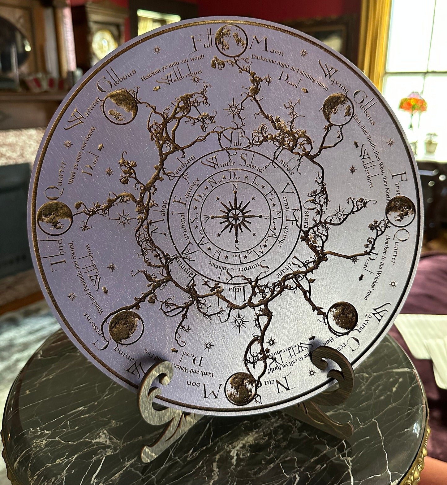 Wheel of the Year engraved and hand finished altar tile with Lunar phases and incantation (Amethyst).