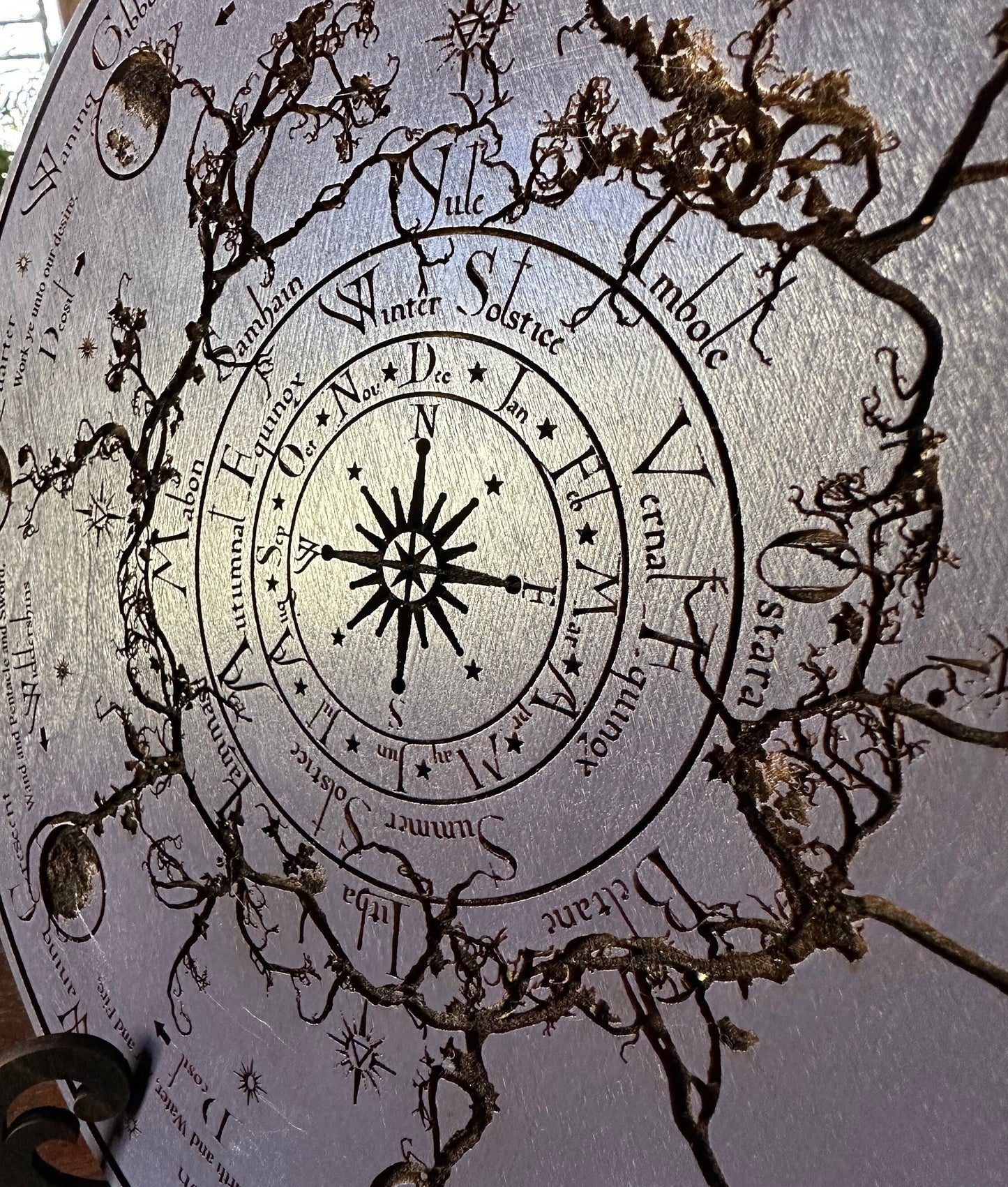 Wheel of the Year engraved and hand finished altar tile with Lunar phases and incantation (Amethyst).