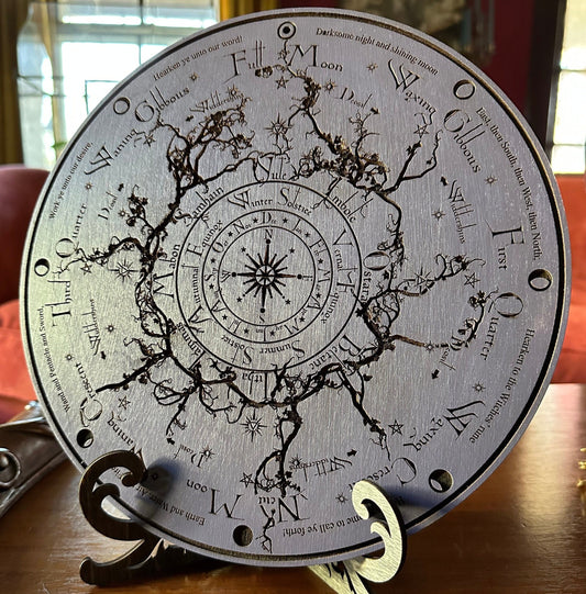 Wheel of the Year engraved and hand finished altar tile with Lunar phases and incantation (Amethyst).