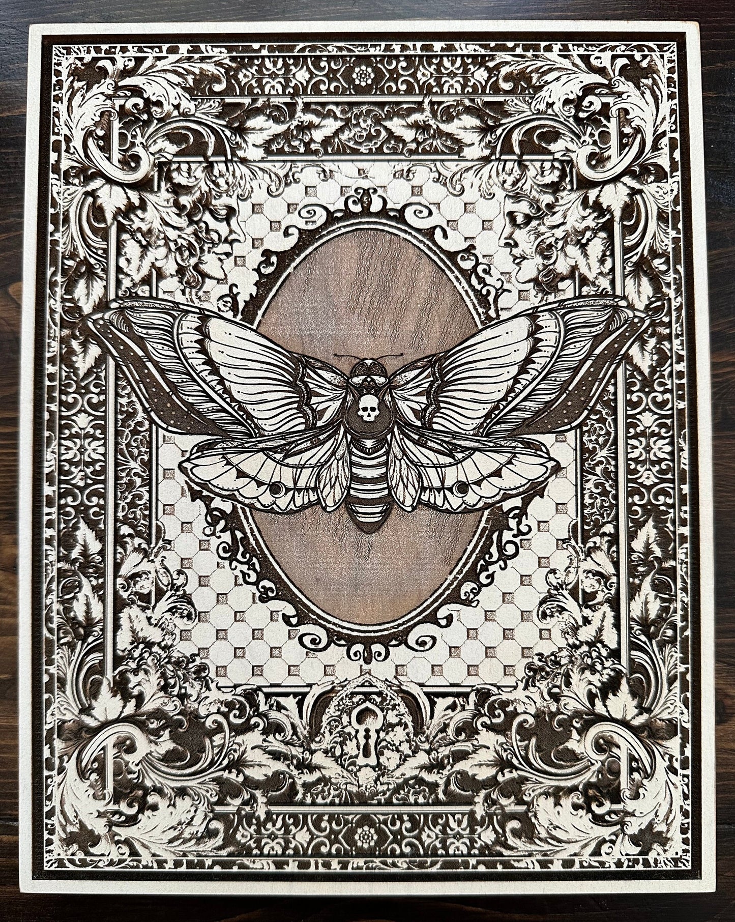 Death's Head Moth, Maple wood hand-finished Gothic wall decor plaque.