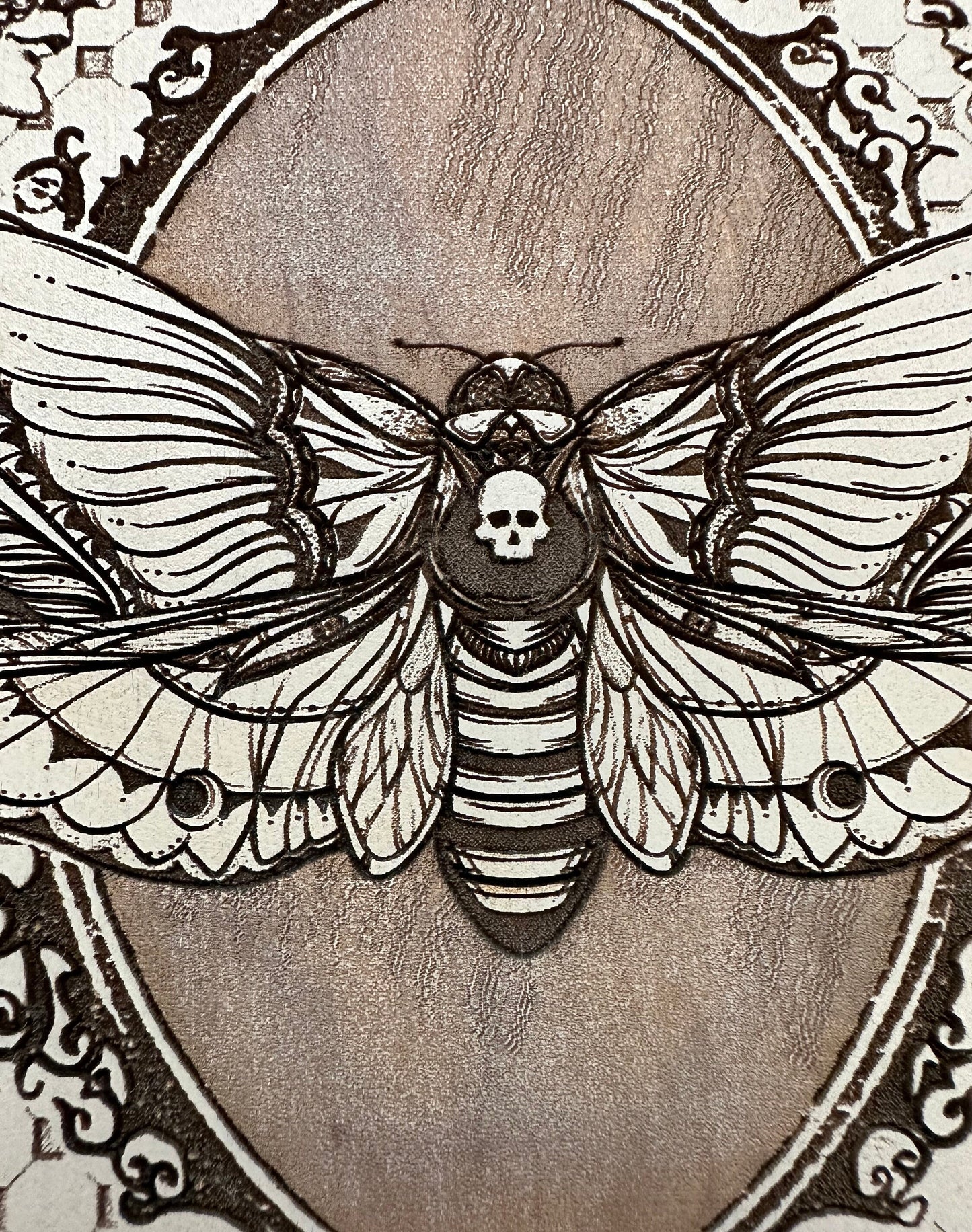 Death's Head Moth, Maple wood hand-finished Gothic wall decor plaque.