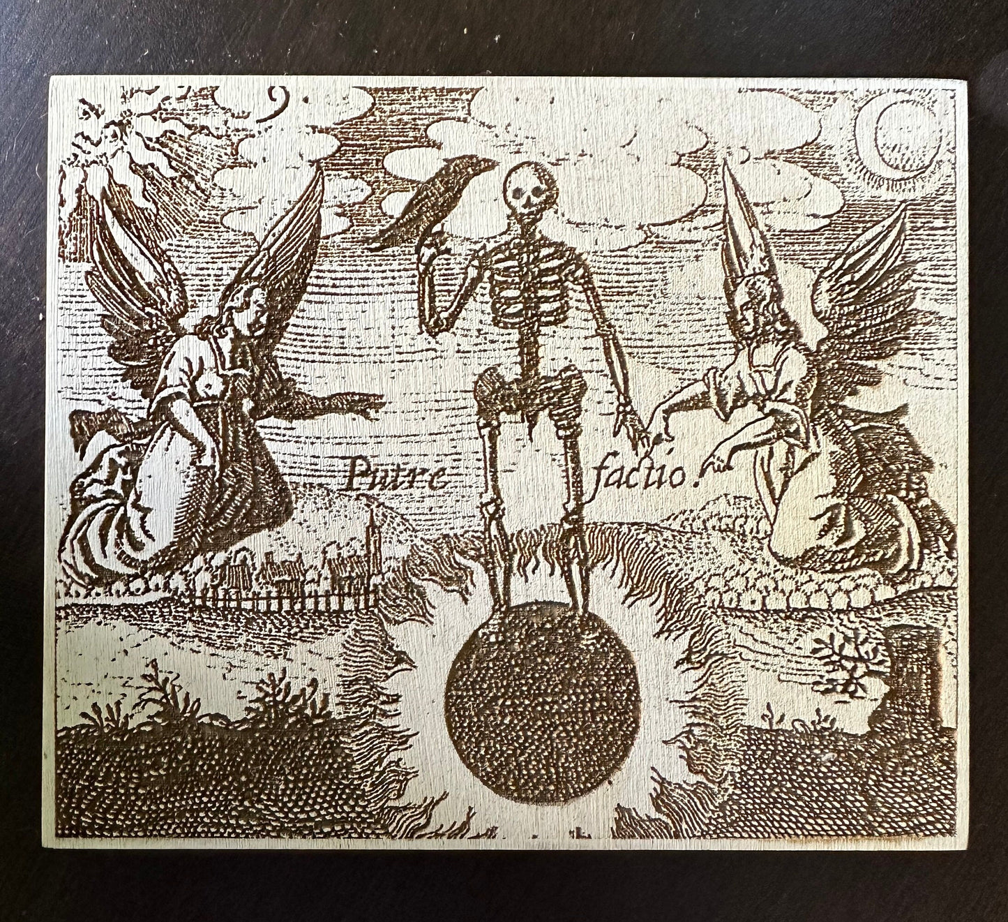 Memento Mori engraved plaque of "Putre Factio".