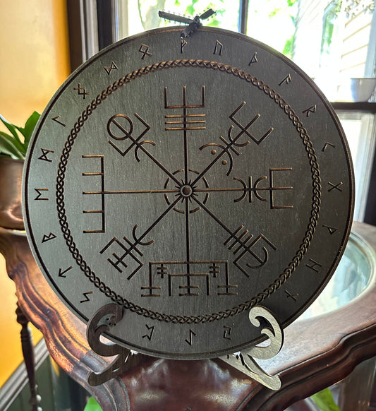 Vegvísir engraved runic compass, hand finished altar tile (Muted black).