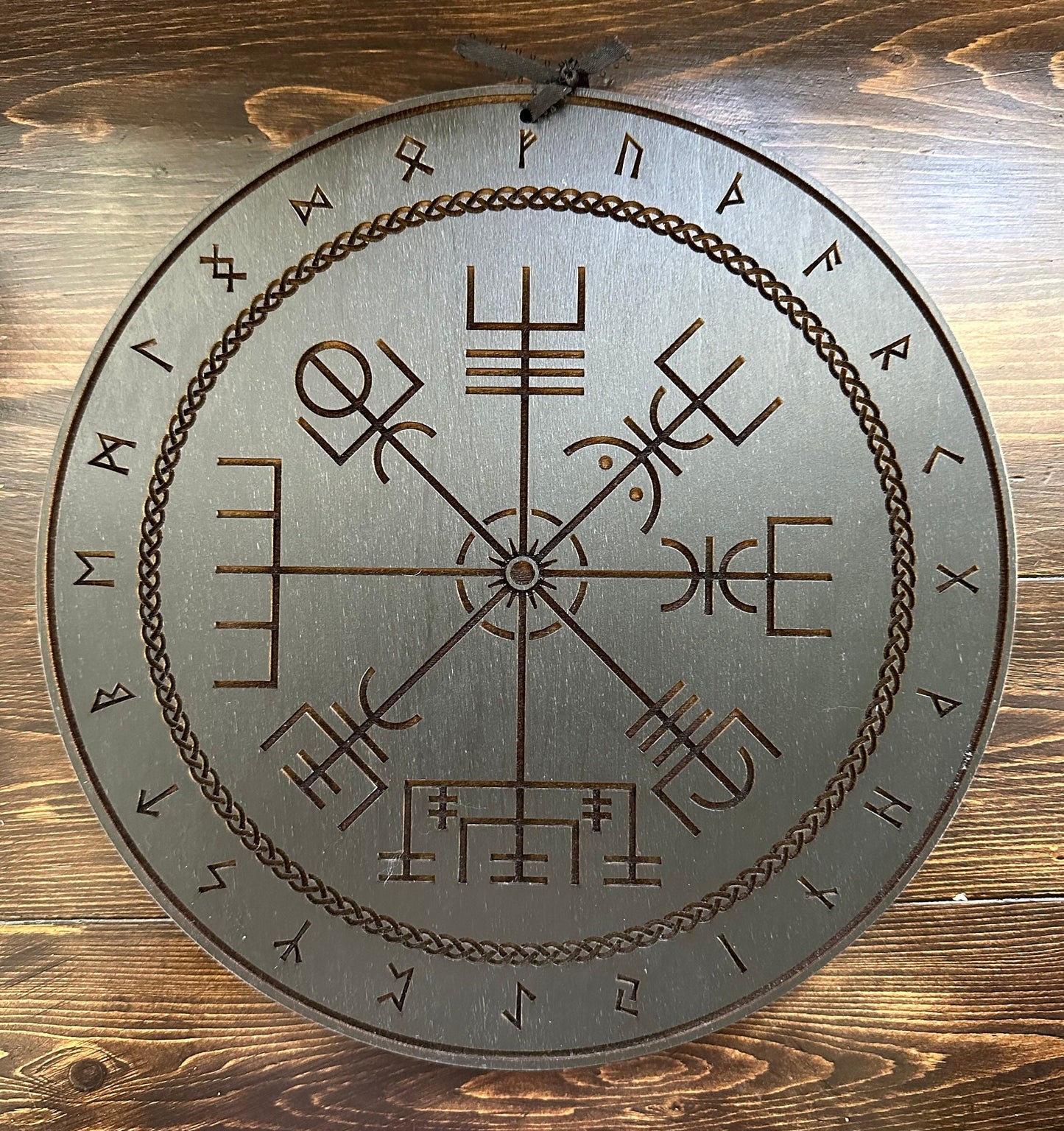 Vegvísir engraved runic compass, hand finished altar tile (Muted black).